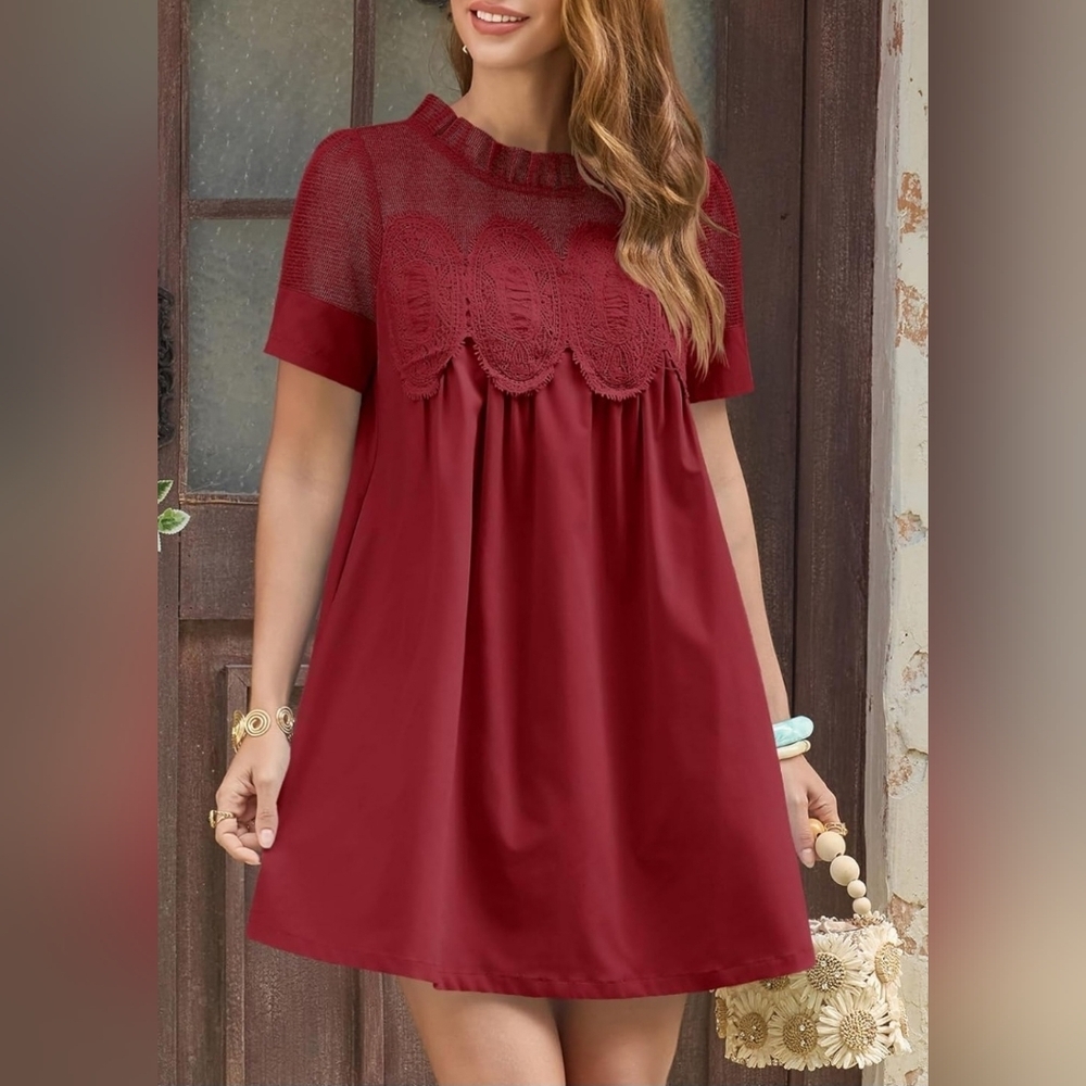 Burgundy Lace Babydoll Mini Dress | Boho Cottagecore | Size L